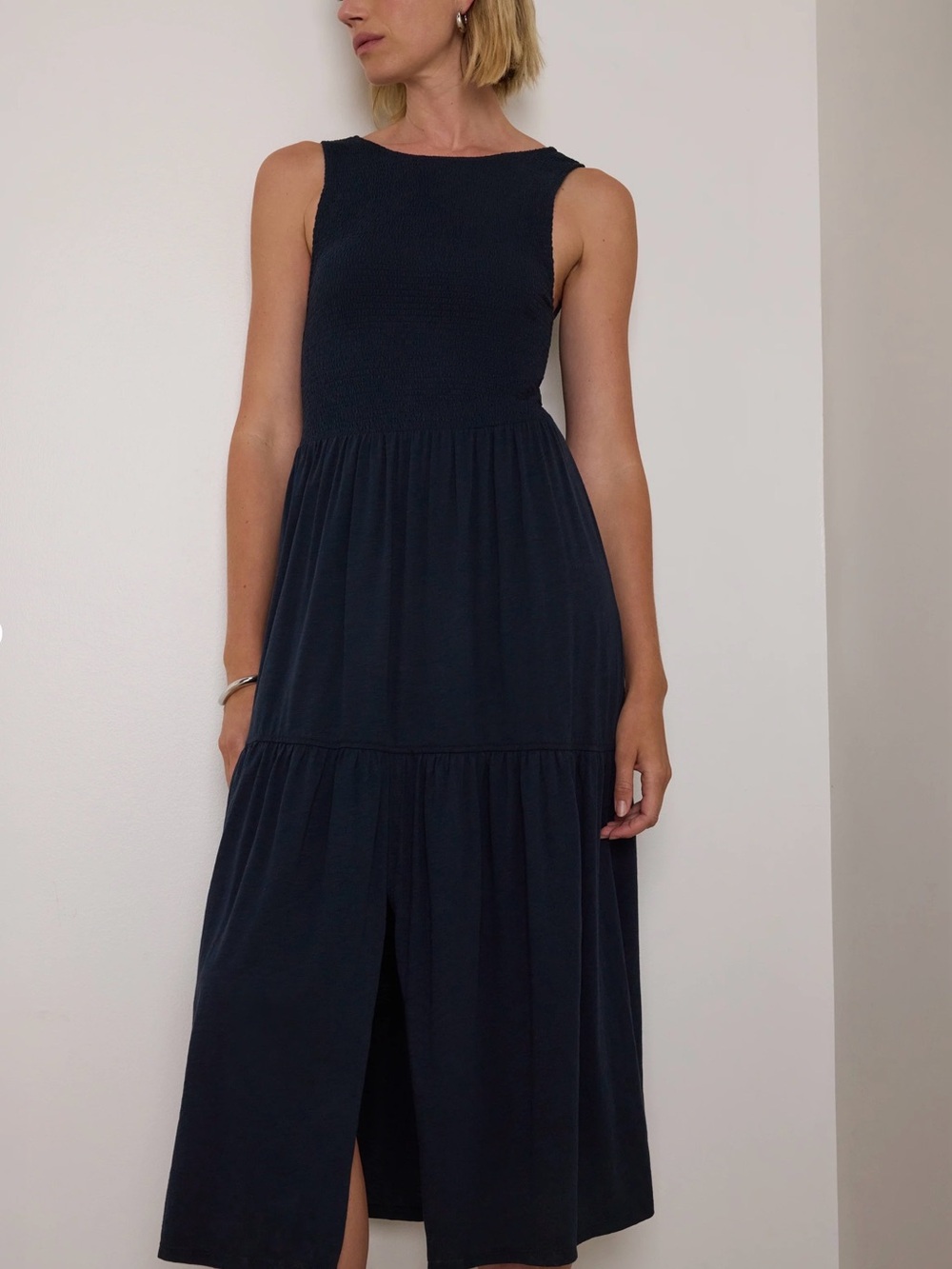 Nation LTD Clementine Pima Cotton Smocked Midi Dress Midnight Navy S - Picture 13 of 16